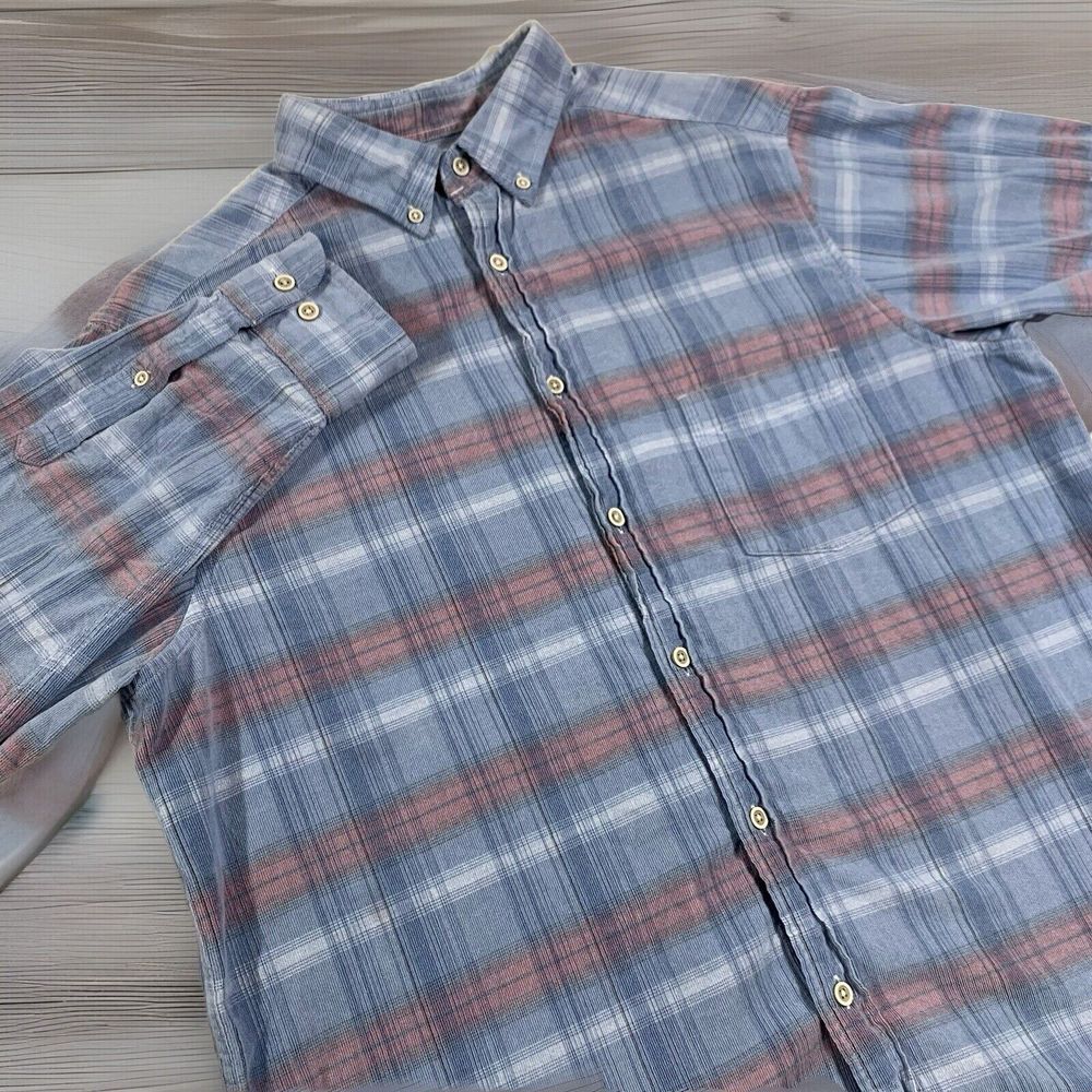 ROWM Flannel Shirt Large Tall‎ Blue Pink Plaid Outdoor Cotton Warm Pocket Button